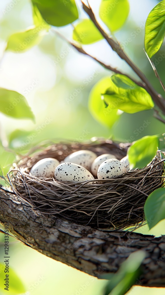 Spotted Bird Eggs in a Nest on a Tree Branch Spotted Bird Eggs in a Nest on a Tree Branch