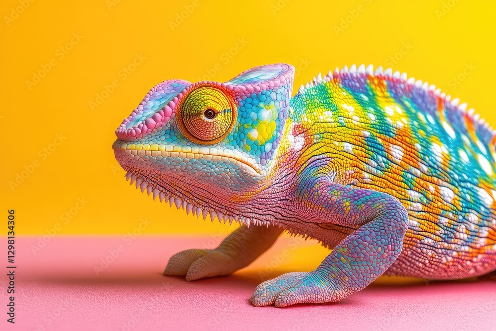 Obraz premium Colorful chameleon on a vibrant pink and yellow background showcasing its unique patterns and textures