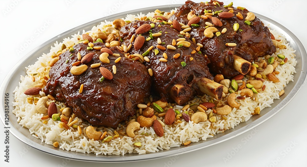 A platter of slow-cooked lamb ouzi with rice and nuts on a white background A platter of slow-cooked lamb ouzi with rice and nuts on a white background
