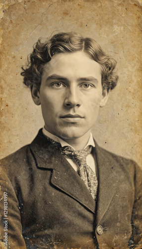 Vintage black and white portrait of a young man in a suit with a concentrated expression on his face. Sepia, aging effect, scuffs. The atmosphere of the past, retro style, historical setting.