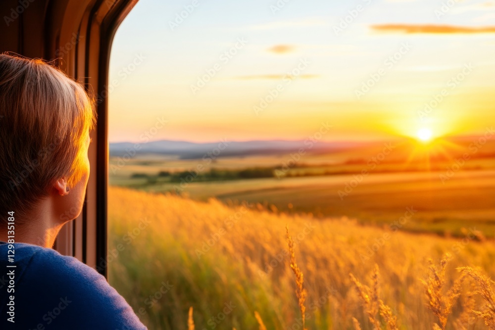 Fototapeta premium Sunset view from train window showing golden wheat fields glowing in warm evening light creating scenic countryside travel mood