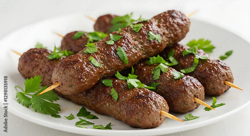 A plate of grilled kofta kebabs with fresh herbs on a white background A plate of grilled kofta kebabs with fresh herbs on a white background
