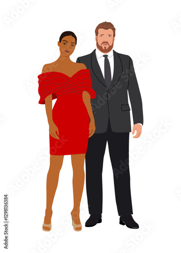 Beautiful couple wearing evening formal outfit for celebration, wedding, event, party. Happy man and woman in gorgeous clothes vector realistic illustration isolated