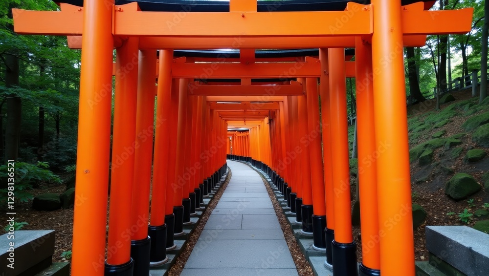 Torii. Walkway is lined with orange gates leading to forest Torii. Walkway is lined with orange gates leading to forest