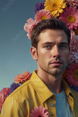 A 3d render of a stylized illustration of a man's face obscured by a bouquet of vibrant flowers. The hyper realistic flowers, predominantly pink and yellow