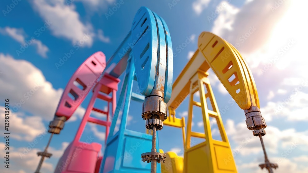 Colorful oil pumps under sunny sky; energy industry concept
