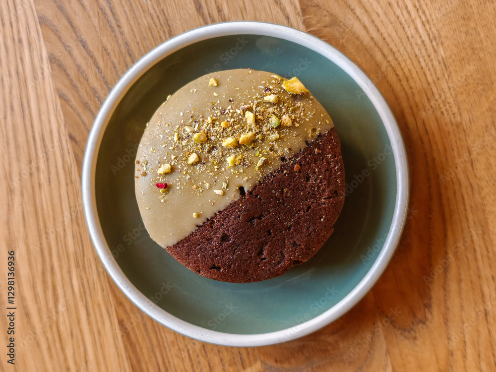 Delicious chocolate cookies with hazelnuts, half glazed, on a light wooden table, top view. Space for text. Part of the series. Delicious chocolate cookies with hazelnuts, half glazed, on a light wooden table, top view. Space for text. Part of the series.