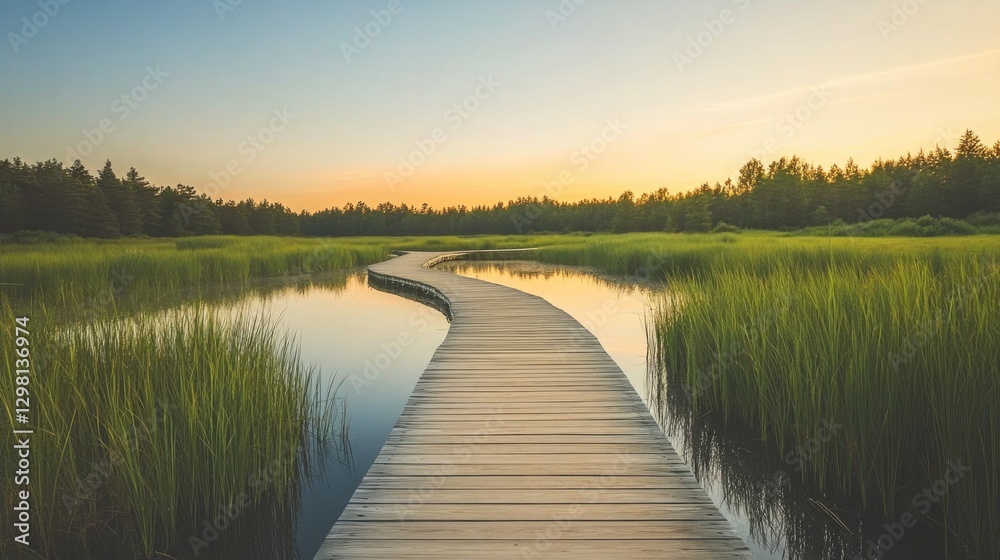 Winding wooden path through lush greenery beside tranquil water Winding wooden path through lush greenery beside tranquil water