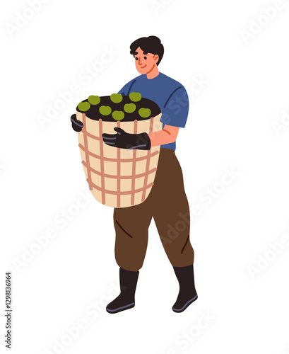 Farm worker holds basket of green apples. Farmer carries gathered crop, garden harvest. Man farming, works, gathers fruit on local plantation. Flat isolated vector illustration on white background