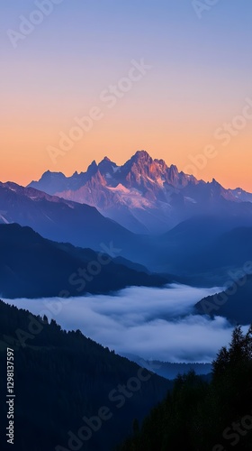 Serene Mountain Landscape at Sunrise with Misty Valley Below