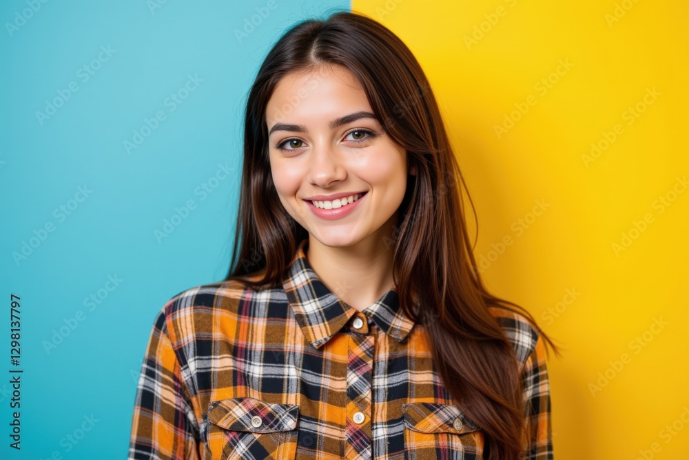 Cheerful Young Woman in Plaid Shirt Against Vibrant Blue and Yellow Background, Embodying Joy and Style with Long Dark Hair and Radiant Smile Cheerful Young Woman in Plaid Shirt Against Vibrant Blue and Yellow Background, Embodying Joy and Style with Long Dark Hair and Radiant Smile