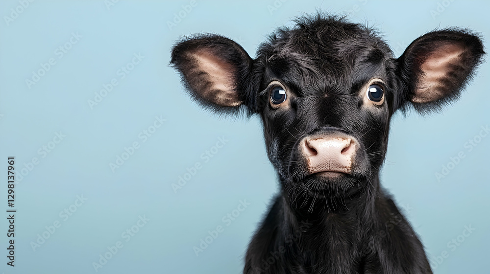 Cute black calf portrait, studio shot, blue background, farm animal Cute black calf portrait, studio shot, blue background, farm animal