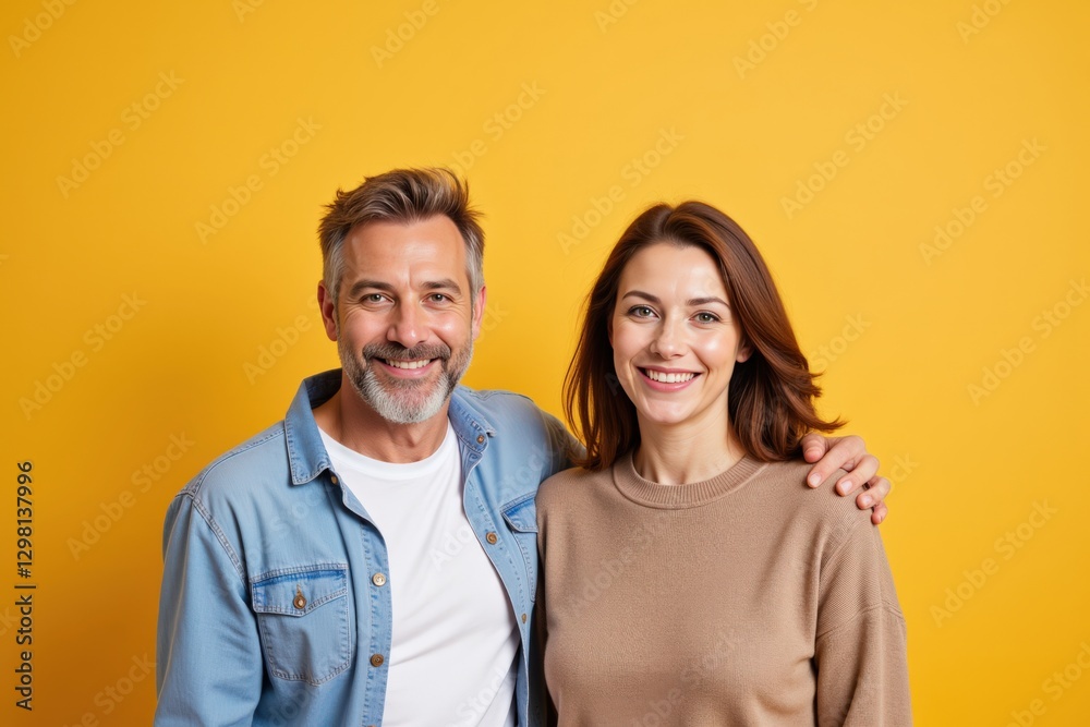 Smiling Middle-Aged Caucasian Man and Woman Posing Together Against a Bright Yellow Background in a Friendly and Cheerful Atmosphere