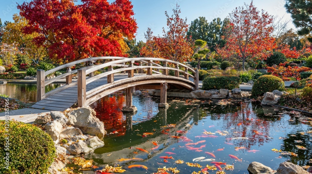 Obraz premium Autumn Serenity: Japanese Garden Bridge and Koi Pond
