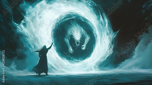 Powerful Sorcerer Summoning Creature with Mystic Energy Portal