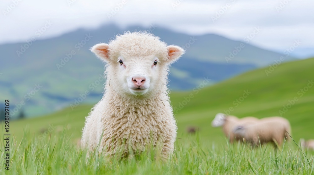 Fototapeta premium Cute lamb in grassy pasture, mountains in background, for animal, nature, and farm theme