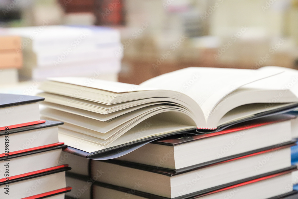 stack of books on the table. open book stack of books on the table. open book