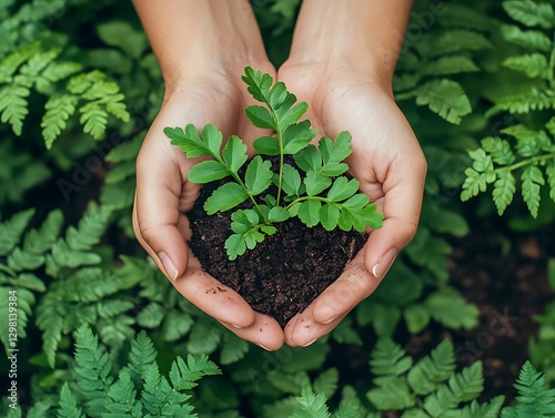 Hands gently cradle a young plant and soil, symbolizing growth, nature, and environmental care.