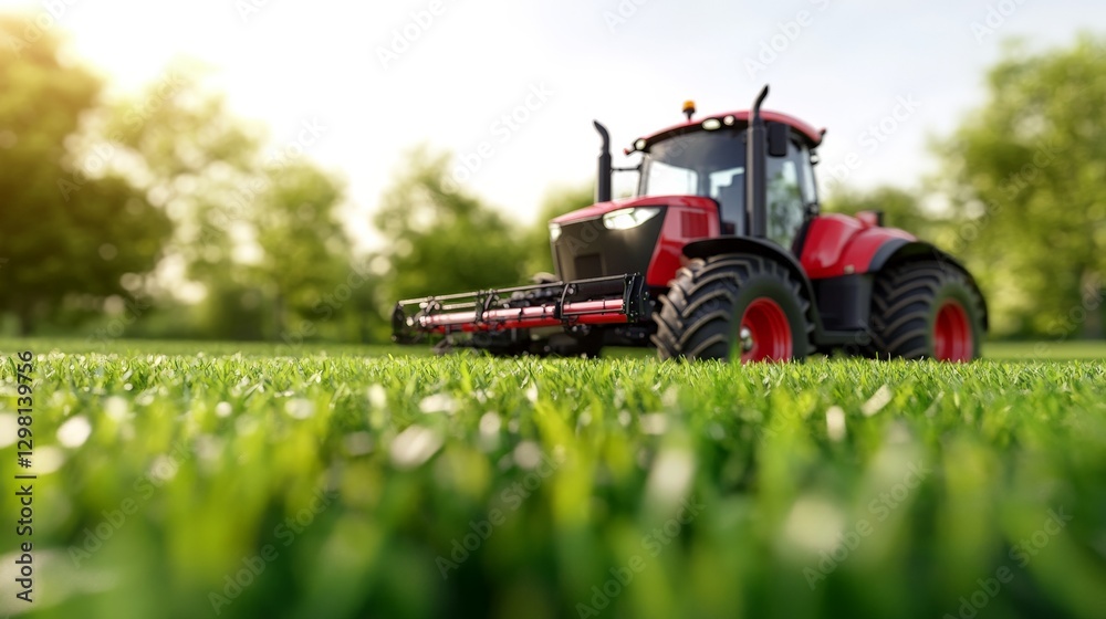 Obraz premium Modern agricultural tractor in lush green field during sunny day showcasing cutting edge precision farming and sustainable agriculture methods