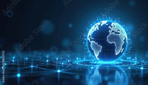 Modern technology background with earth globe made with generative AI tech. Planet map hovers over illuminated network, symbolizes global digital connection, cyberspace communications.
