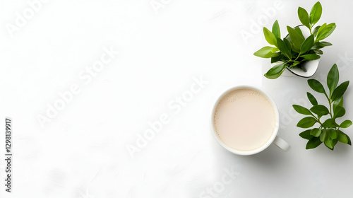 Morning coffee, plants, white background, peaceful scene, website banner