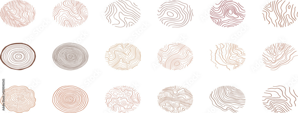 Tree ring wood circle set. Hand drawn tree ring pattern, line ripple circle wood texture. Wood organic slice line design.