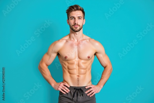 Portrait of a Fit Caucasian Male in His 20s Showing Off His Sculpted Physique Against a Vibrant Turquoise Background, Emphasizing Fitness and Health