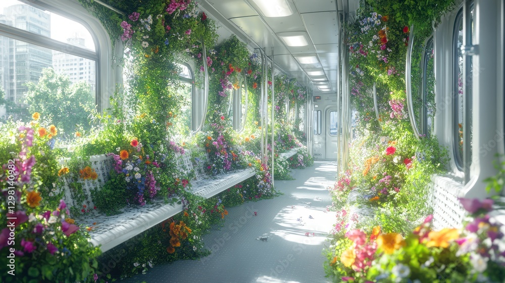 Obraz premium Flower-filled train car interior, sunlight streams through windows.