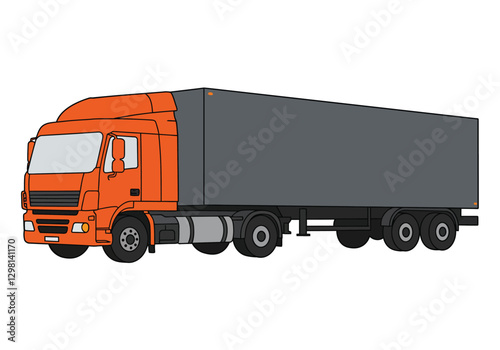 Clip art of semi trucks. This image shows an orange semi-truck with a grey trailer from a side view. Vector illustration design.