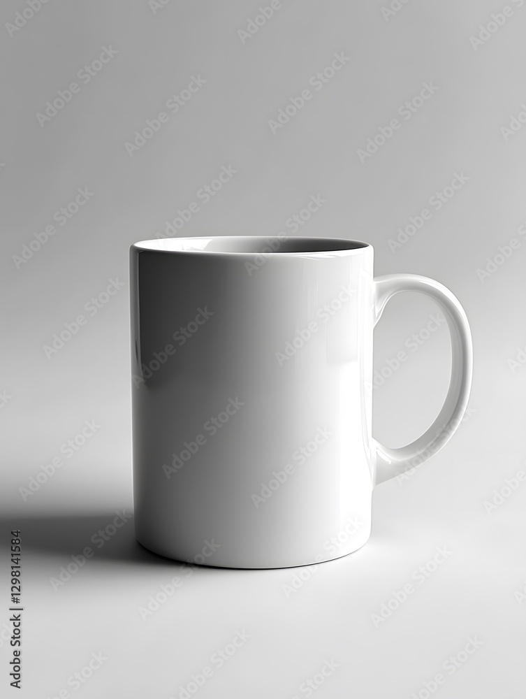 A plain white mug stands upright on a gray surface, perfect for tea or coffee beverages A plain white mug stands upright on a gray surface, perfect for tea or coffee beverages