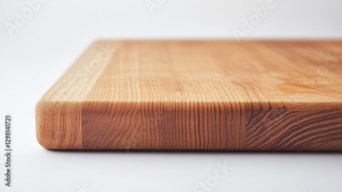 A wooden cutting board, photographed up close, against a white background.
