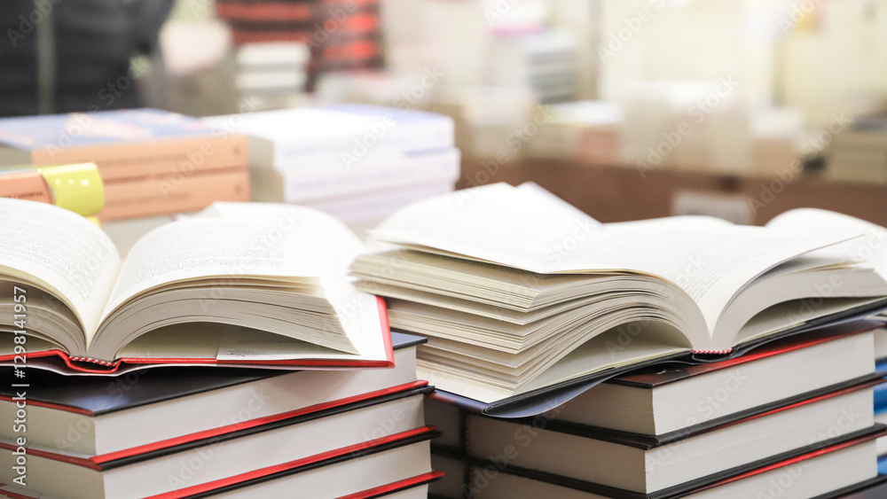 stack of books on the table. open book stack of books on the table. open book