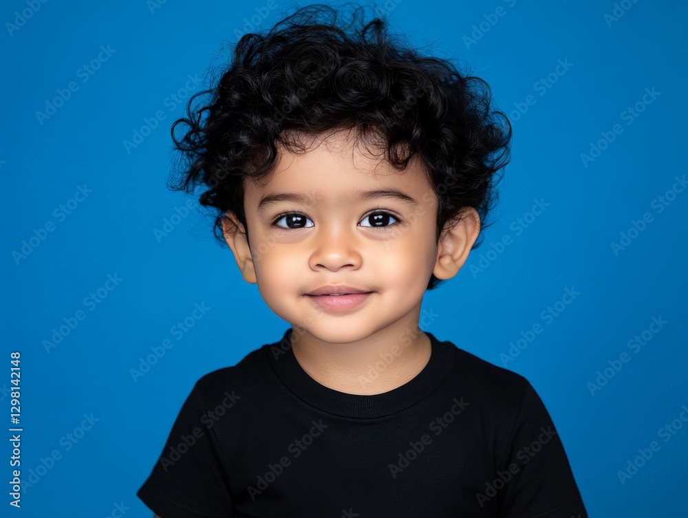 Smiling curly haired boy in black t shirt against blue background symbolizing childhood innocence happiness and youthful energy in portrait Smiling curly haired boy in black t shirt against blue background symbolizing childhood innocence happiness and youthful energy in portrait
