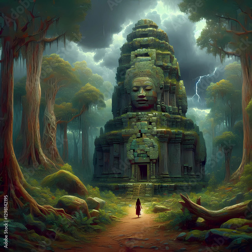 lady witch walking the in wilderness jungle surrounded by old stupa and pagodas.