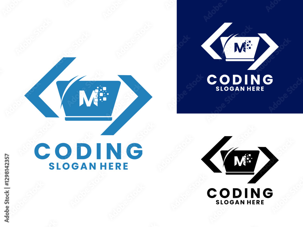Modern coding logo design template. Coding with Laptop with initial letter M digital logo. Master Coding logo icon Modern coding logo design template. Coding with Laptop with initial letter M digital logo. Master Coding logo icon