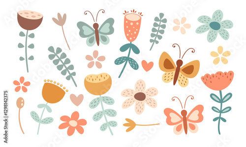 Floral clipart set, flowers, plants, butterfly, cute spring hand drawn objects. Vector illustration in flat style photo