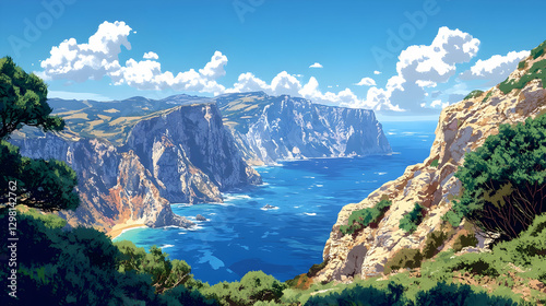 Coastal Cliffscape, Sunny Day, Mediterranean Sea View photo