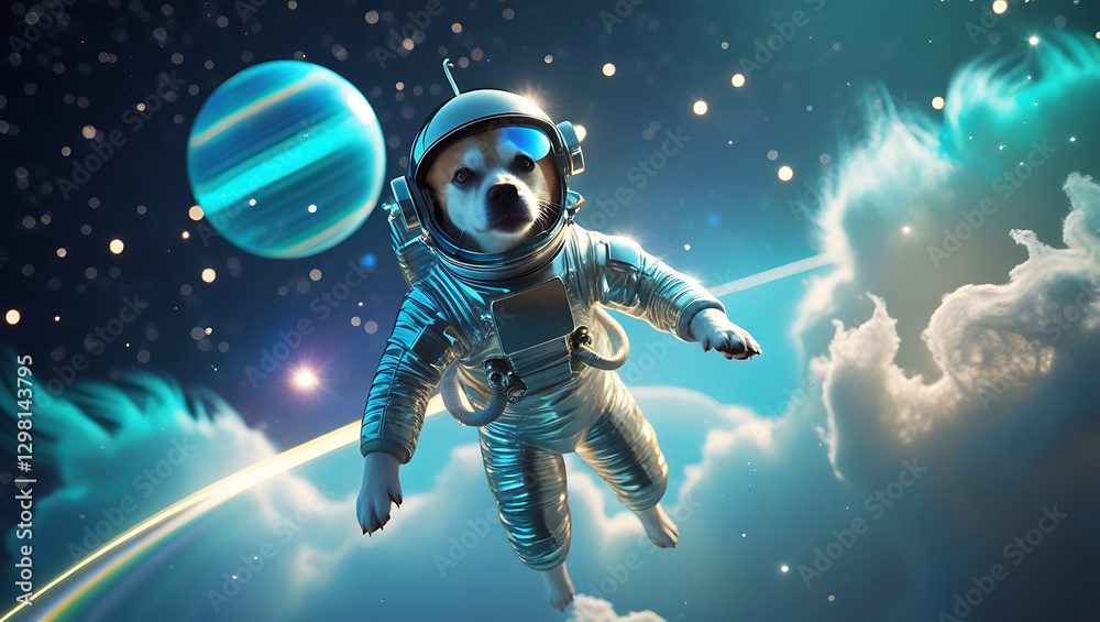 Naklejka premium A mesmerizing, hyper-realistic visual representation of astronaut Dog, suspended in mid-air, surrounded by a majestic, gas-giant planet with iridescent, created by generative ai