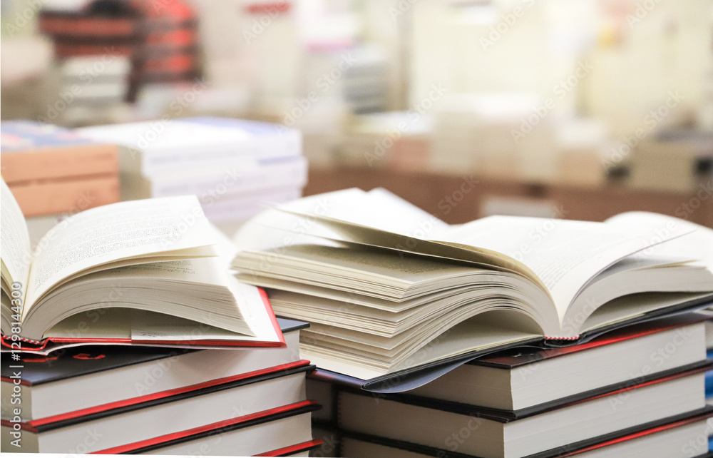 stack of books on the table. open book stack of books on the table. open book