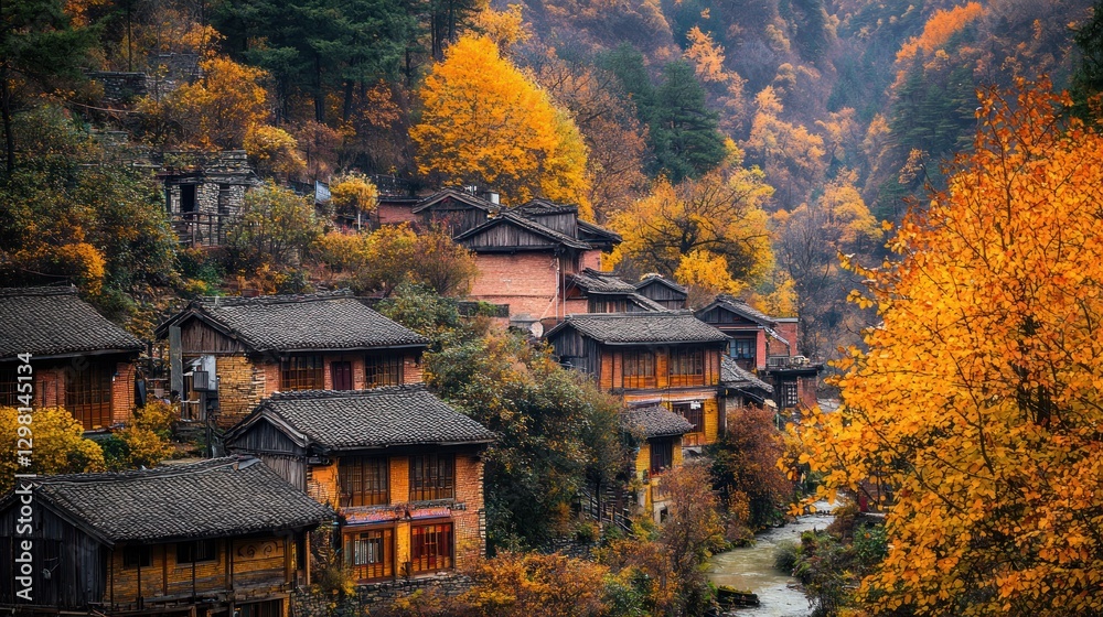 Fototapeta premium Autumnal Village nestled in the Mountains