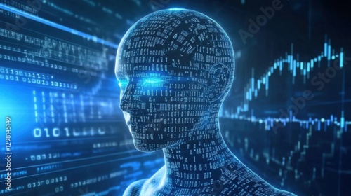 AI-powered stock market analysis with digital financial graphs, binary code, and futuristic blue background