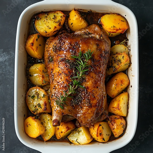 Roasted duck with potatoes in baking dish