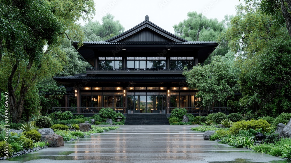 Modern Asian house, garden, rainy day, tranquil scene, architecture design Modern Asian house, garden, rainy day, tranquil scene, architecture design