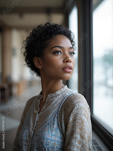 Young mulatto woman contemplatively gazing into the distance. photo