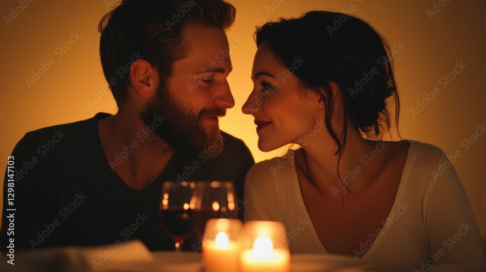 Caucasian couple enjoying a romantic candlelit dinner with wine glasses on a table creating a cozy intimate and elegant atmosphere for a special Valentine s Day Caucasian couple enjoying a romantic candlelit dinner with wine glasses on a table creating a cozy intimate and elegant atmosphere for a special Valentine s Day