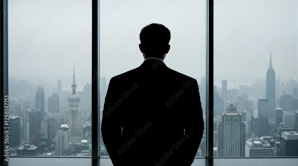 Fototapeta premium Silhouette of a businessman looking at the city from an office window