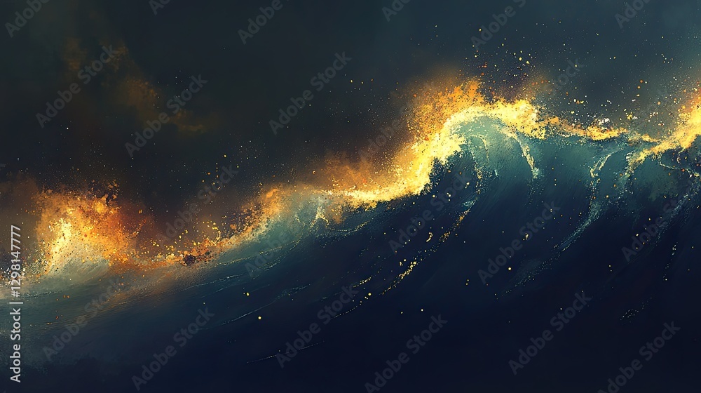 Fototapeta premium Fiery Waves Crashing Dark Sky