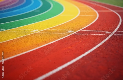 Rainbow colored running track with curve lines. Sport field with lane texture. Symbolizes diversity, inclusion, pride. LGBTQ concept. Exercise surface for competition and run training. photo