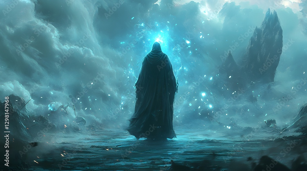 Mysterious Wizard Casting a Spell in a Surreal Fantasy Landscape