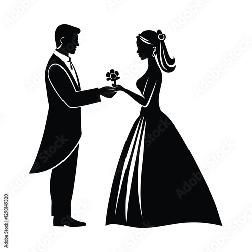 Elegant silhouette of newlywed couple exchanging wedding rings